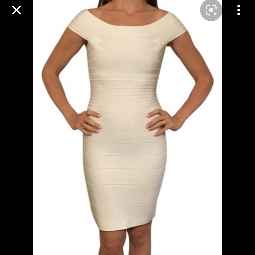 Hervé Leger Marina Off Shoulder Bateau Neck Off White Bandage Bodycon Dress S